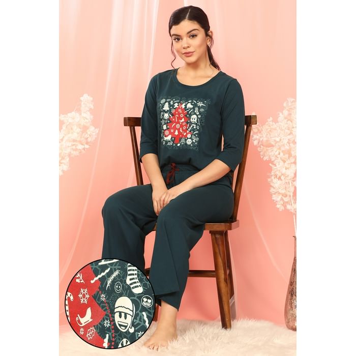 

Clovia Christmas Print Top & Flared Pants in Teal - 100% Cotton - LS0546P08, Navy
