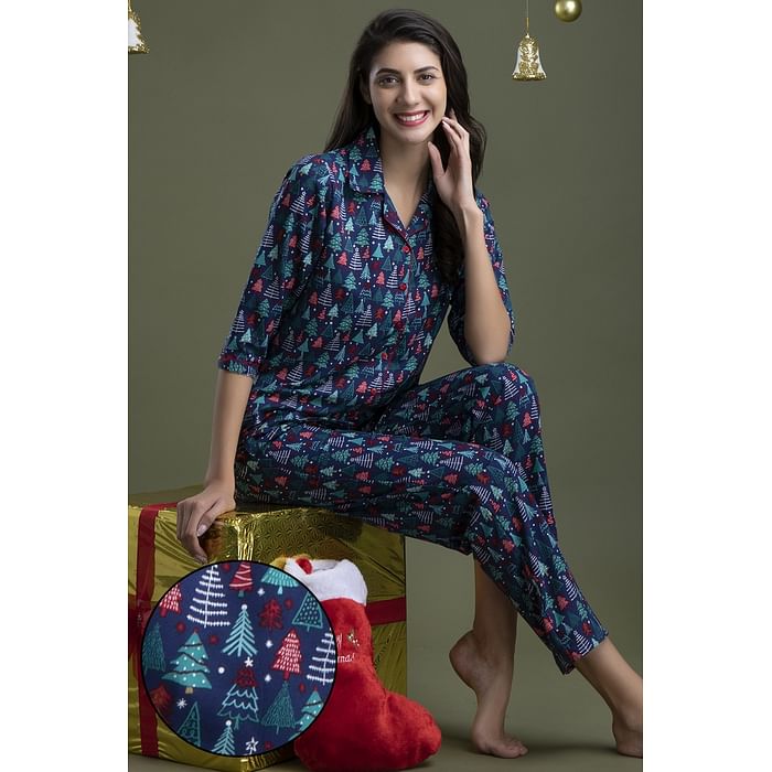 

Clovia Christmas Tree Print Button Me Up Shirt & Pyjama in Teal Blue - Rayon - LS0385U08, Navy