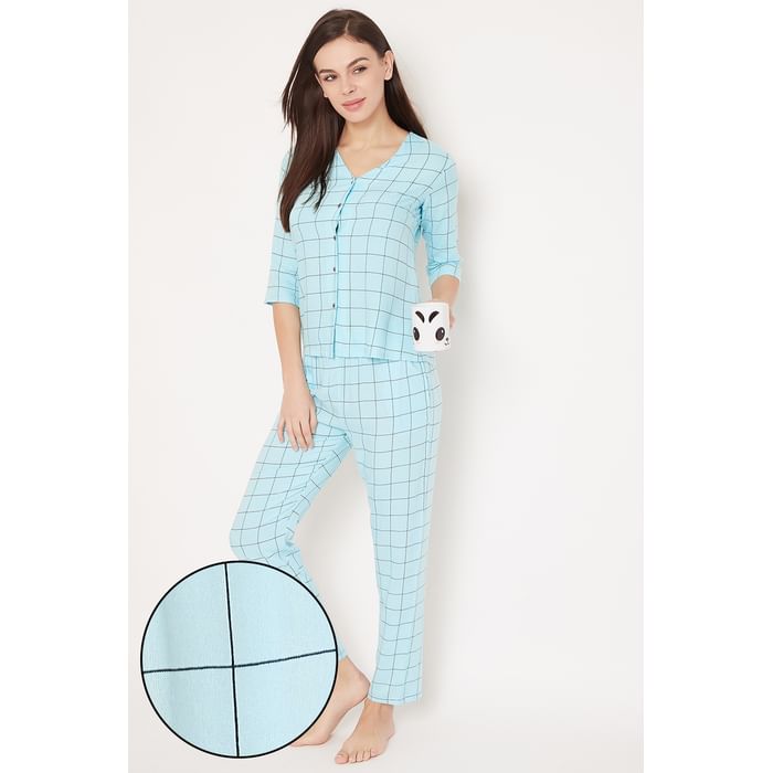 

Clovia Classic Checks Button Me Up Shirt & Pyjama in Light Blue - Rayon - LS0561P03