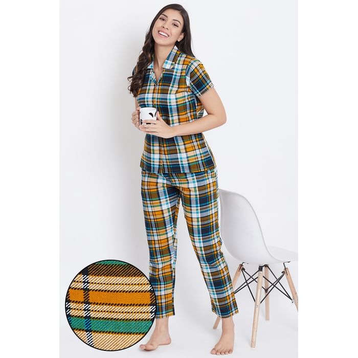 

Clovia Classic Checks Button Me Up Shirt & Pyjama in Multicolour- 100% Cotton - LS0385F07, Mustard
