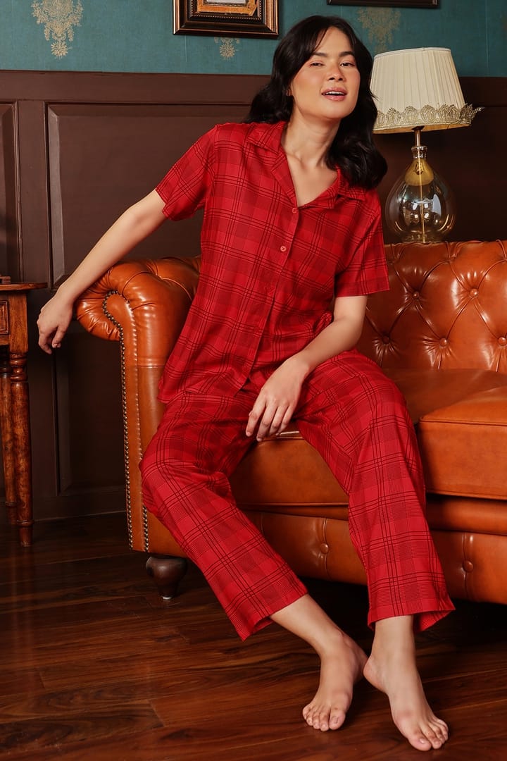 Classic Checks Button Down Night Suit in Red- Rayon