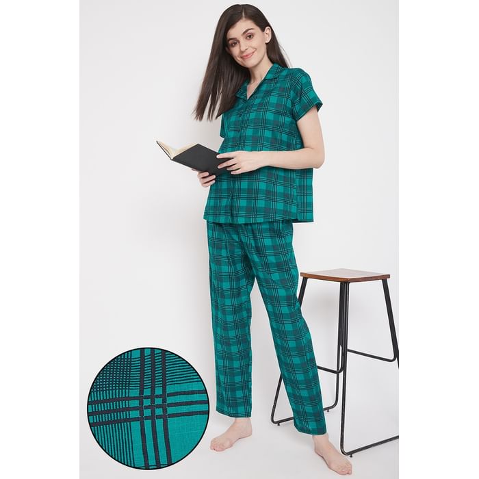

Clovia Classic Checks Button Me Up Shirt & Pyjama in Green - 100% Cotton - LS0385K08, Navy