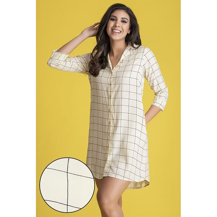 

Clovia Classic Checks Short Night Dress in White - Rayon - NS1392A18