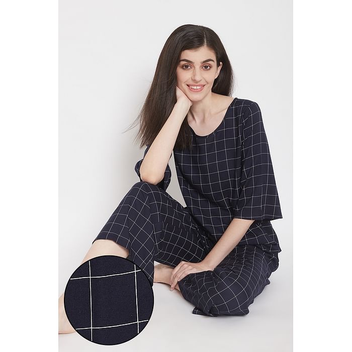 

Clovia Classic Checks Top & Pyjama in Navy - Rayon - LS0543P08