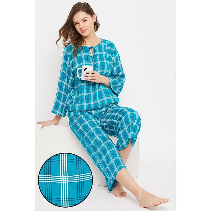 

Clovia Classic Checks Top & Pyjama Set in Light Blue - Cotton Rich - LS0551P08, Navy
