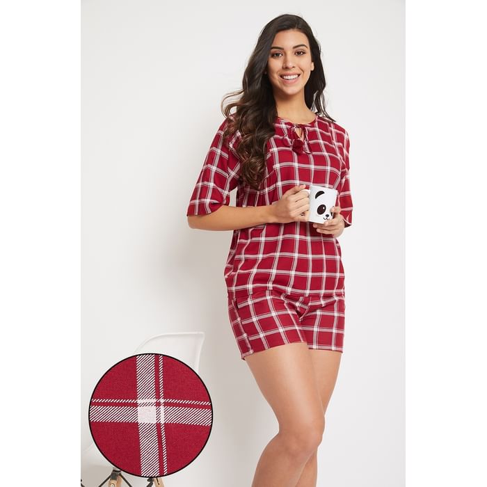 

Clovia Classic Checks Top & Shorts Set in Maroon - Rayon - LS0542P09