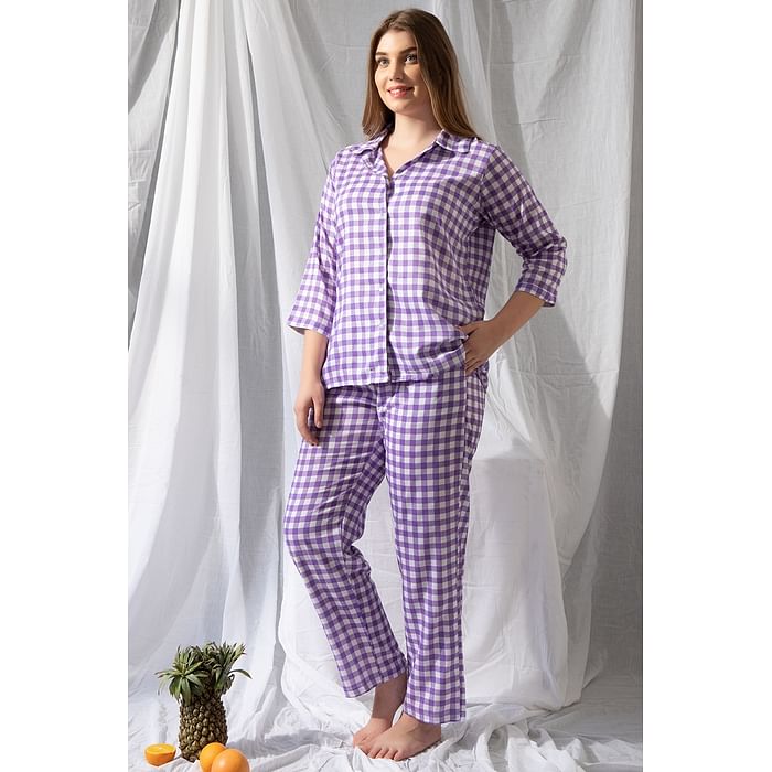 

Clovia Classic Checks Button Down Shirt & Pyjama Set in Purple - Cotton Rich - LS0385P12, Lavender