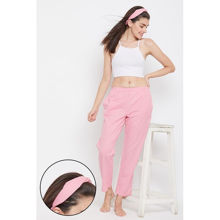 

Clovia Classic Checks Pyjama in Baby Pink with Knotted Hairband - 100% Cotton - LB0193P22, Light pink