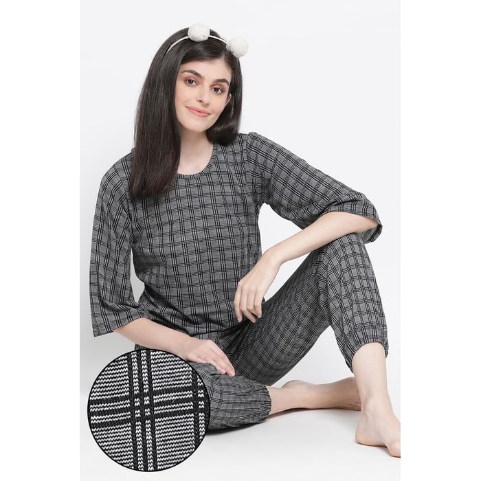 

Clovia Classic Checks Top & Pyjama in Dark Grey- Cotton Rich - LS0518P13, Black