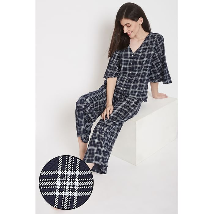 

Clovia Classic Checks Top & Pyjama in Navy - Rayon - LS0538E08