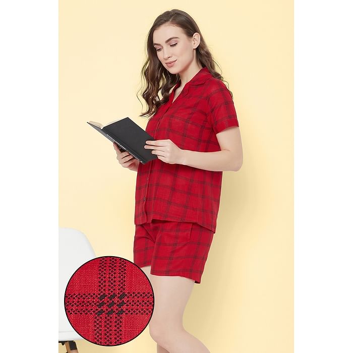 

Clovia Classy Checks Button Down Shirt & Shorts Set in Red - Rayon - LS0141P04