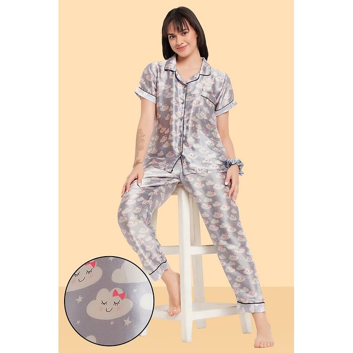 

Clovia Cloud Print Button Down Shirt & Pyjama Set in Light Grey - Satin - LS0385J01