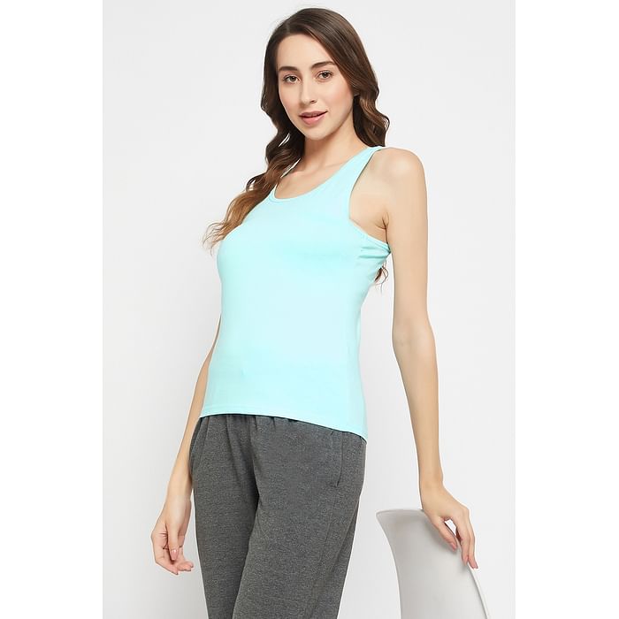 

Clovia Chic Basic Tank Top in Aqua Blue - Cotton - CM0008E03, Light blue