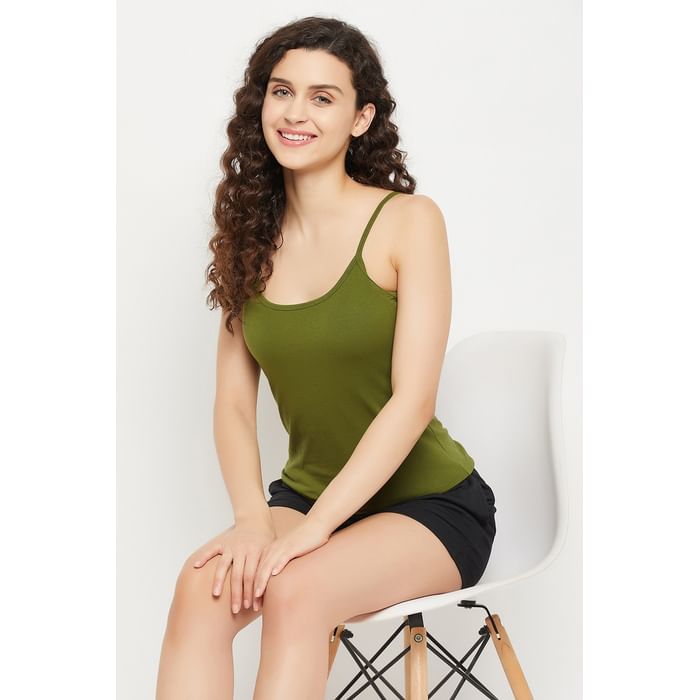 

Clovia Chic Basic Camisole in Forest Green - Cotton - CM0038P17, Dark green