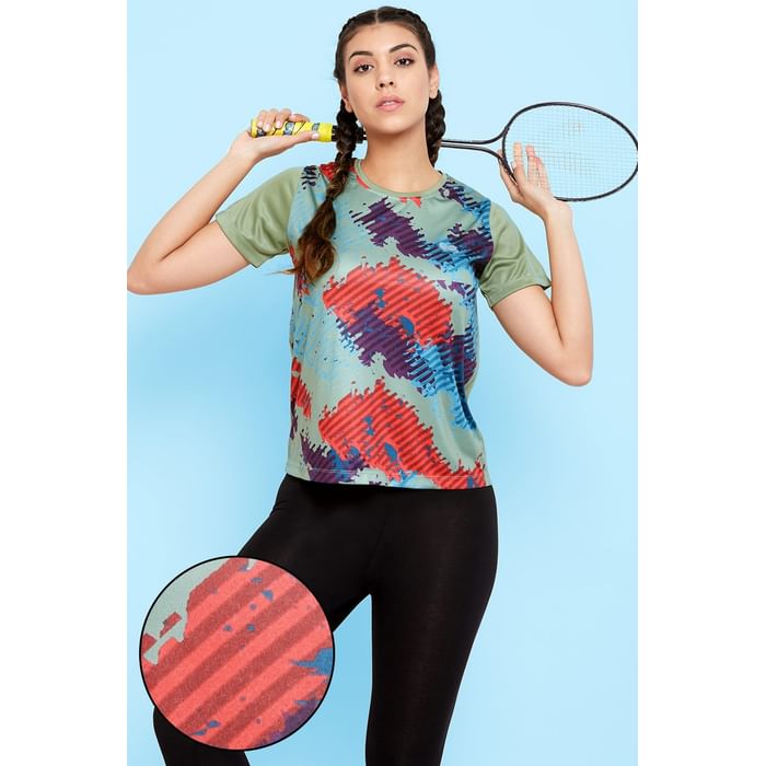 

Clovia Comfort Fit Abstract Print Active T-shirt in Moss Green - AT0135P11, Light green