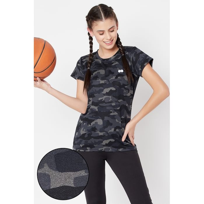 

Clovia Comfort Fit Active Camouflage Print T-shirt in Grey - AT0124A05, Dark grey
