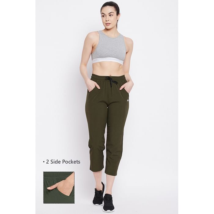 

Clovia Comfort Fit Active Joggers in Olive Green with Side Pockets - AB0052P17, Dark green