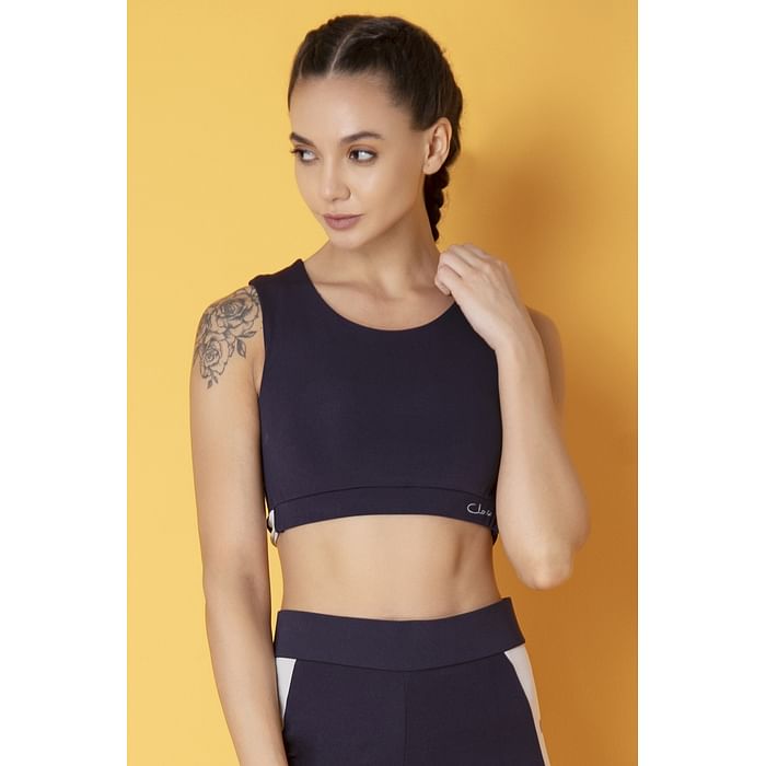 

Clovia Comfort-Fit Active Colourblock Active Crop Top in Navy with Cut-Out Detail on Back - AT0149P08