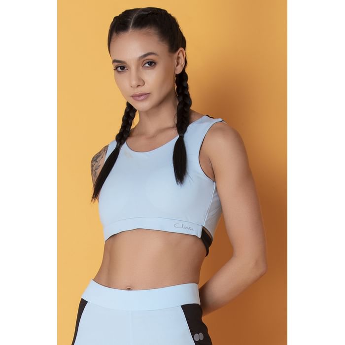 

Clovia Comfort-Fit Active Colourblock Active Crop Top in Sky Blue with Cut-Out Detail on Back - AT0149P03