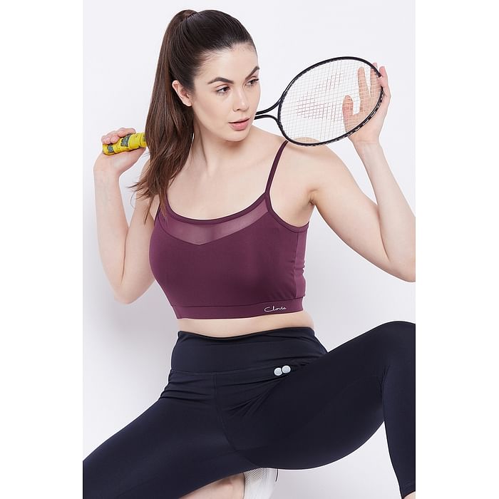 

Clovia Comfort-Fit Active Crop Top in Wine Colour with Removable Pads - AT0148P09, Maroon