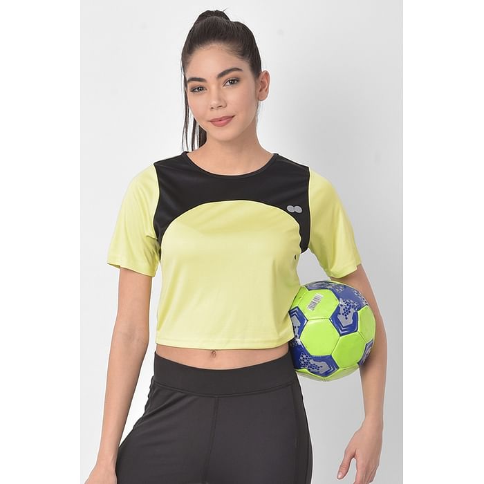 

Clovia Comfort Fit Active Cropped T-shirt in Yellow with Yoke Panel - AT0151P02, Light yellow