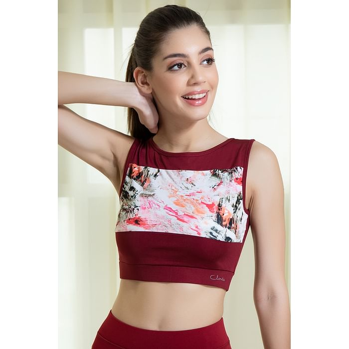 

Clovia Comfort-Fit Active Marble Print Crop Top in Maroon - AT0152P09