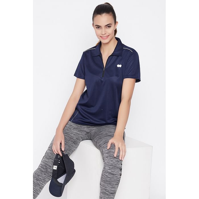 

Clovia Comfort-Fit Active Polo T-shirt in Navy - AT0154P08