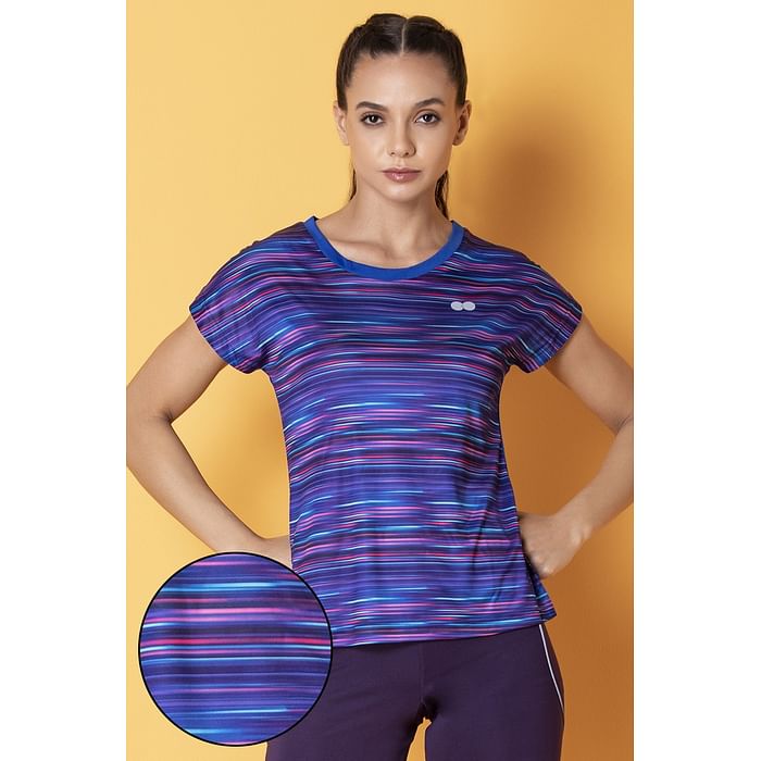 

Clovia Comfort Fit Active Striped T-shirt in Blue - AT0130B08, Navy