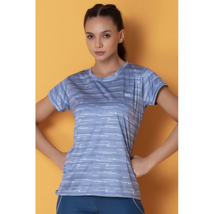 

Clovia Comfort Fit Active Striped T-Shirt in Light Blue - AT0124G03