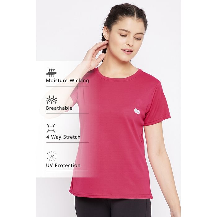 

Clovia Quick Dry Sports T-shirt in Magenta with Reflective Logo - AT0158P22, Light pink