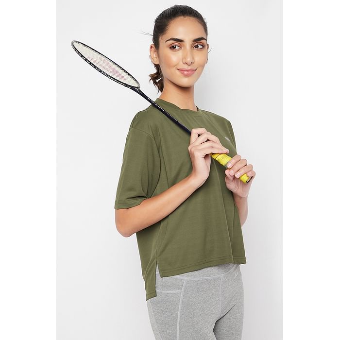 

Clovia Boxy Fit Active T-shirt in Olive Green - AT0190P17, Dark green