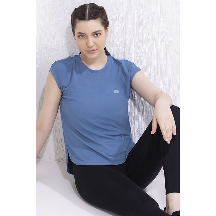 

Clovia Comfort Fit Active T-shirt in Powder Blue - AT0189P08, Navy