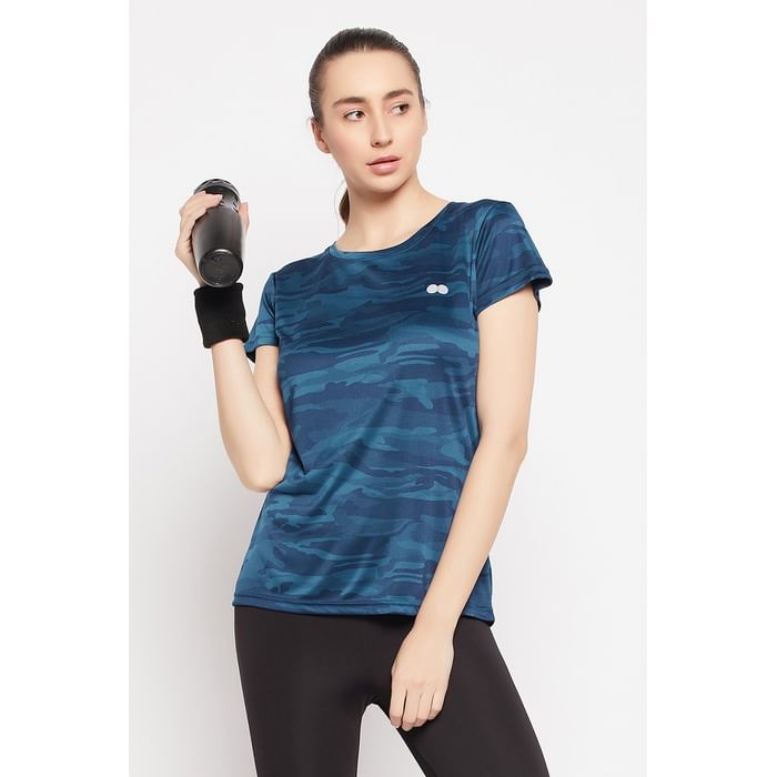 

Clovia Comfort-Fit Camouflage Print Active T-shirt in Navy - AT0124D08