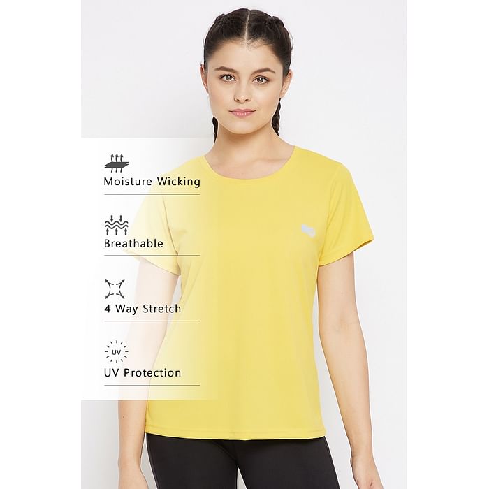 

Clovia Quick Dry Sports T-shirt in Yellow with Reflective Logo - AT0158P02, Light yellow