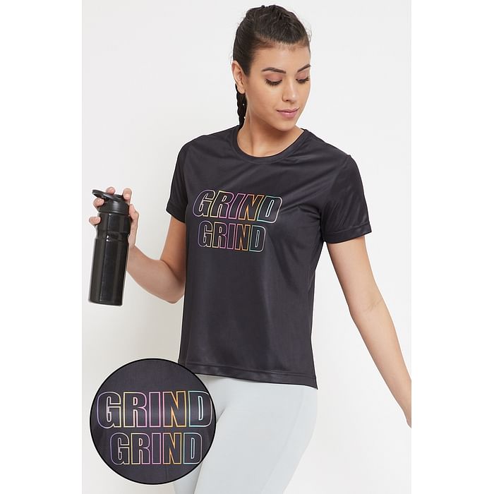 

Clovia Comfort Fit Active Text Print T-shirt in Black - AT0112A13