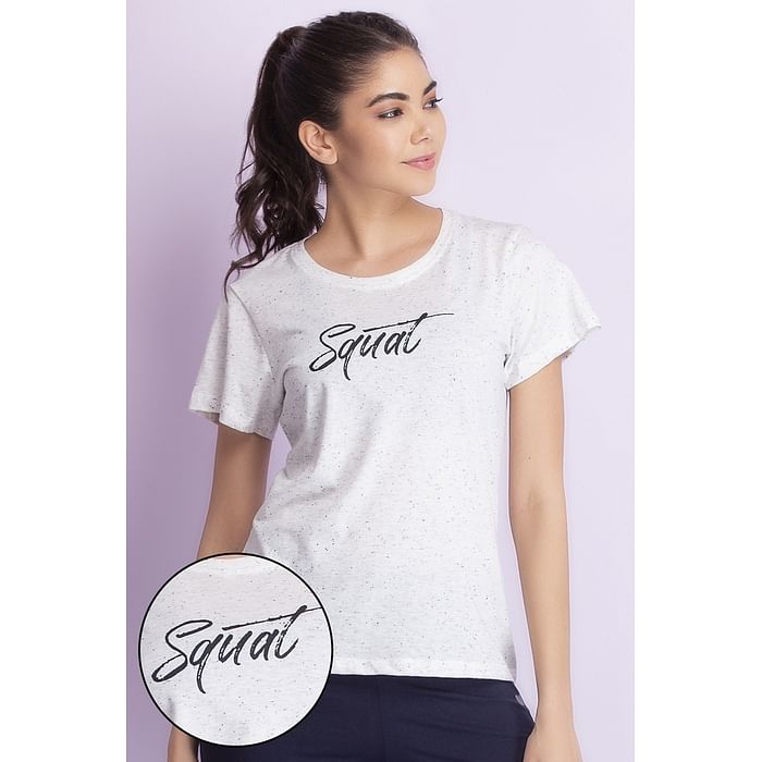 

Clovia Comfort Fit Active Text Print T-shirt in White - AT0138P18