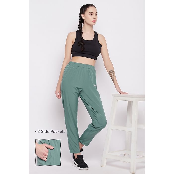 

Clovia Comfort Fit Active Track Pants in Mint Green with Side Pockets - AB0052A17, Dark green