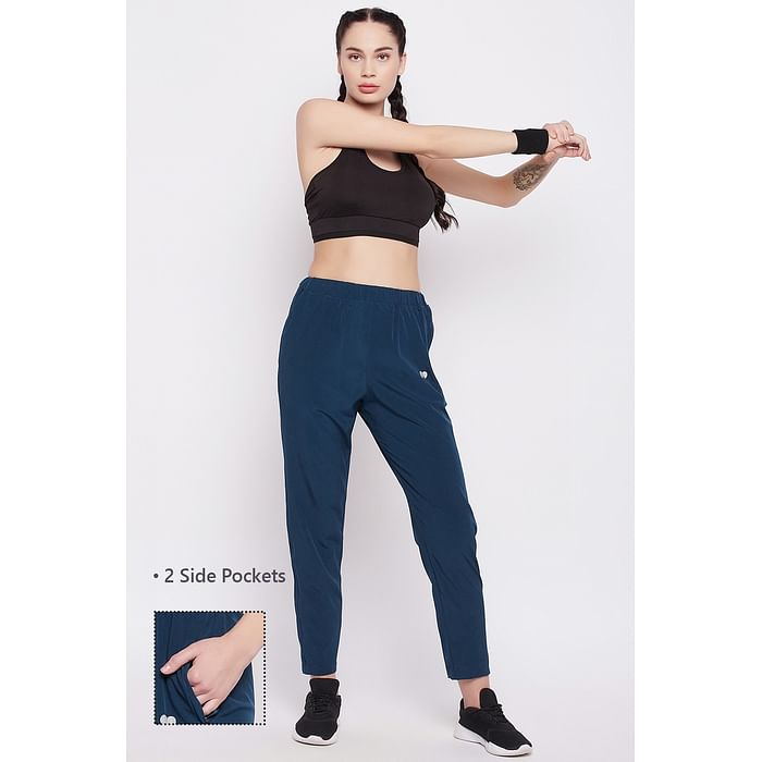

Clovia Comfort Fit Active Track Pants in Teal Blue with Side Pockets - AB0052P36