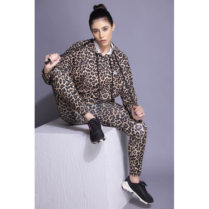 

Clovia Comfort Fit Animal Print Active Hoodie & High-Rise Animal Print Active Tights in Dark Brown - ASC042P06