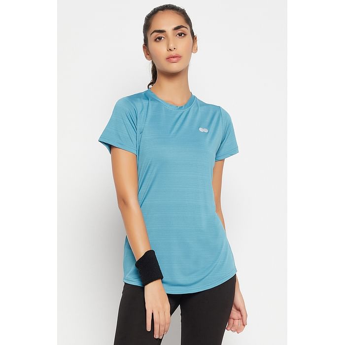 

Clovia Slim Fit Self-Striped Active T-shirt in Sky Blue - AT0112F03, Light blue