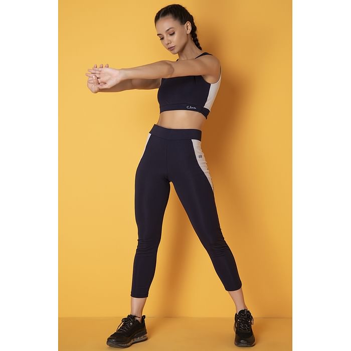 

Clovia Comfort-Fit Colourblock Active Crop Top & Snug Fit Active Tights in Navy - ASC042H08