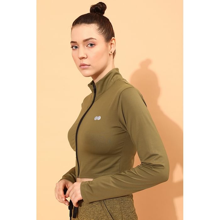 

Clovia Comfort-Fit Crop Jacket in Olive Green - AT0164P17, Dark green