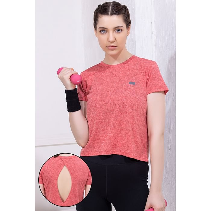 

Clovia Comfort Fit Cropped Active T-shirt in Coral Pink - AT0187P22, Light pink