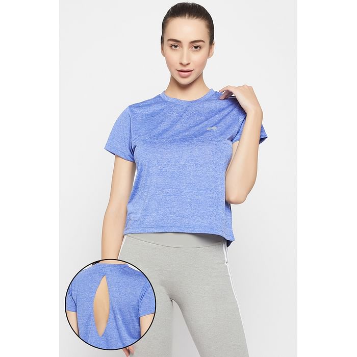 

Clovia Comfort Fit Cropped Active T-shirt in Sky Blue Melange - AT0187P03, Light blue