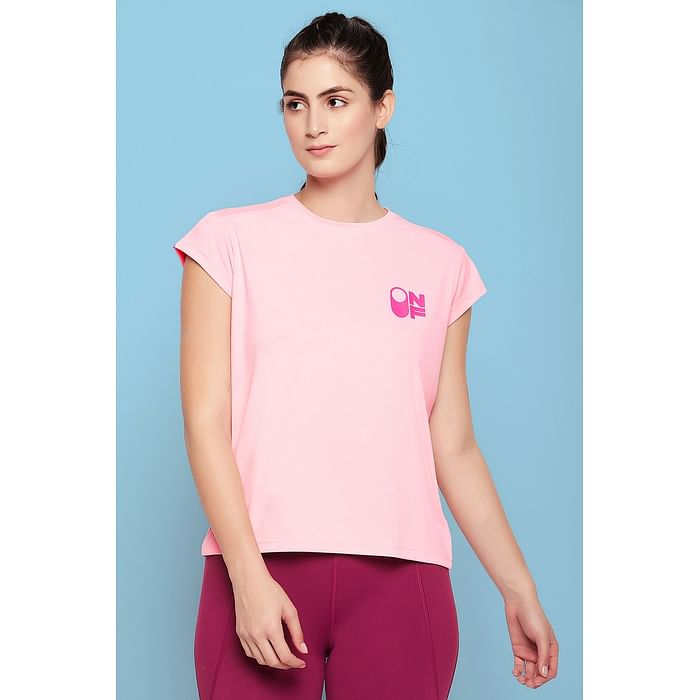 

Clovia Comfort Fit Graphic Print Active T-shirt in Baby Pink with Mesh Panels - AT0192P22, Light pink