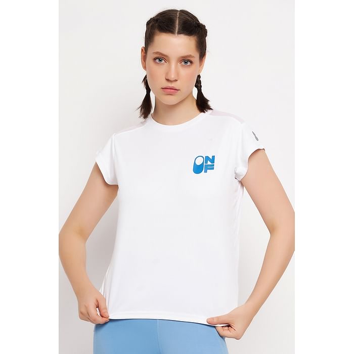 

Clovia Comfort Fit Graphic Print Active T-shirt in White - AT0192P18