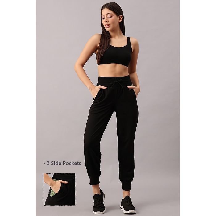 

Clovia Comfort Fit High Rise Active Joggers in Black with Side Pockets - AB0104P13