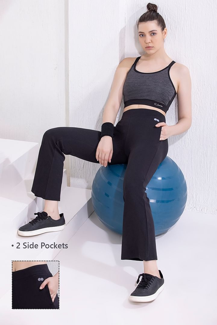 Buy Comfort Fit High-Rise Flared Yoga Pants in Black with Side 