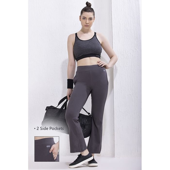 

Clovia Comfort Fit High-Rise Flared Yoga Pants in Dark Grey with Side Pockets - AB0114P05