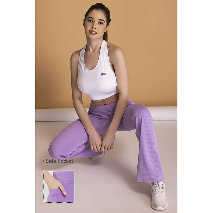 

Clovia Comfort Fit High Rise Flared Yoga Pants in Lilac with Side Pocket - AB0090A12, Lavender